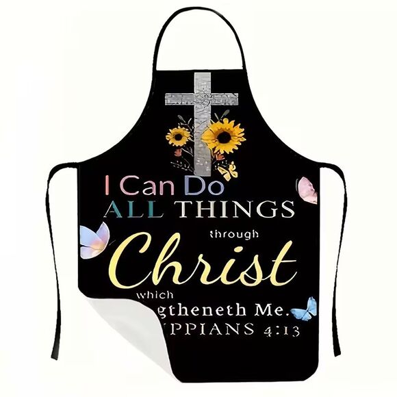 1pc Christian Apron with Philippians 4:13 Bible Verse, Floral Cross - Picture 1 of 1